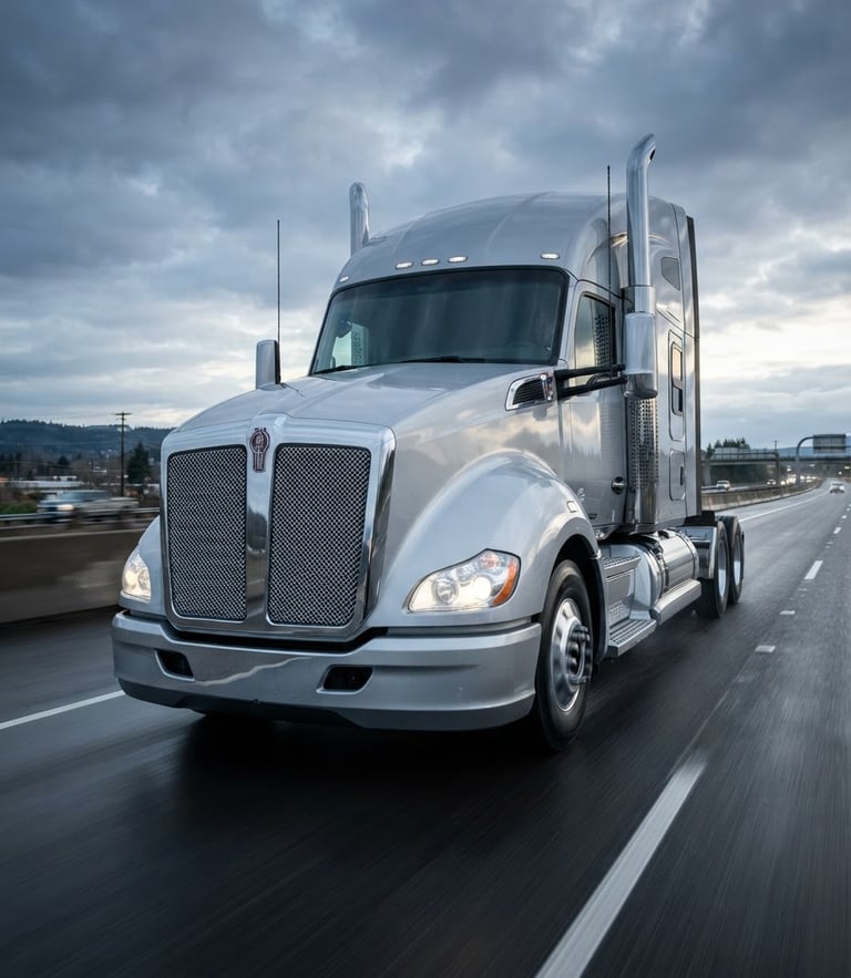 Heroic low-angle shot of a polished silver Class 8 semi-truck cab reflecting early morning light on a clean highway, professional commercial photography, cool metallic tones, sharp focus, 35mm