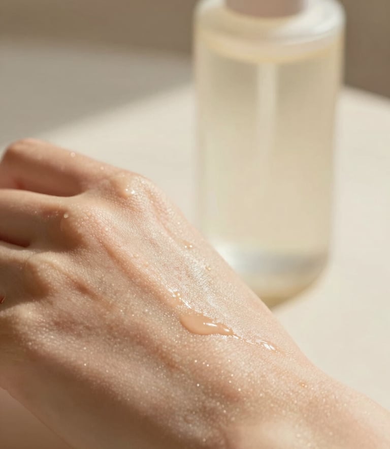 Close-up of healthy dewy skin with soft morning sunlight, minimalist glass bottle in background, warm editorial photography, 35mm