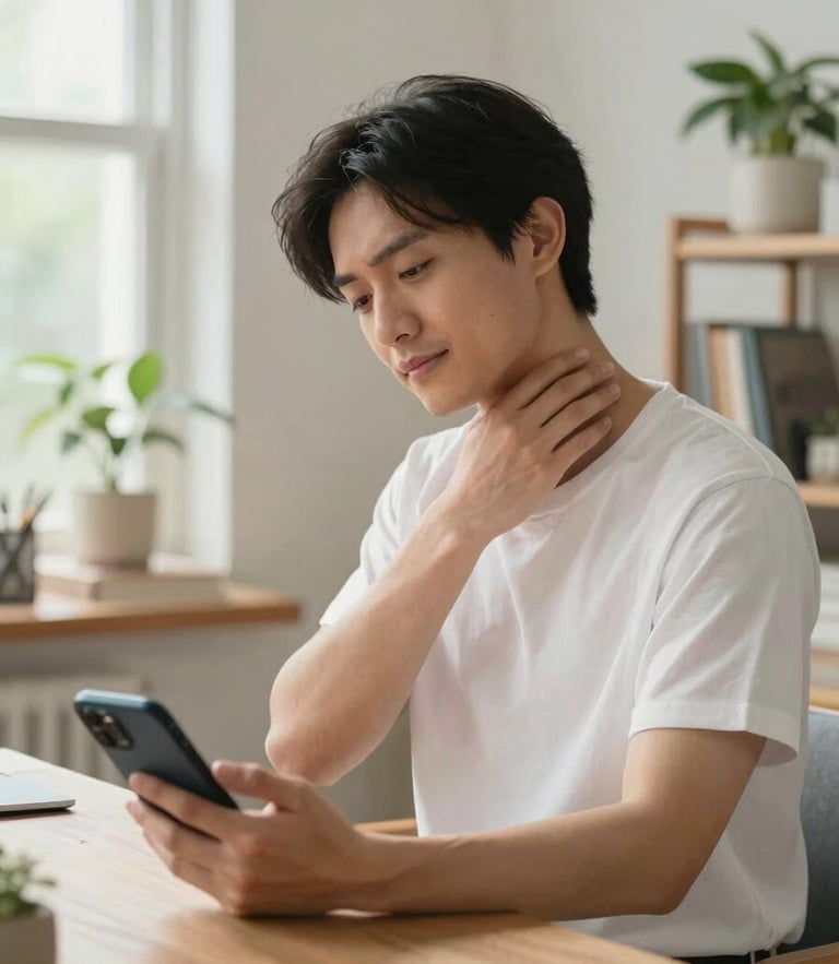 Bright, daylight-filled home office where a patient sits comfortably, looking at a mobile chat interface on their phone with a relaxed expression, performing a gentle neck stretch.