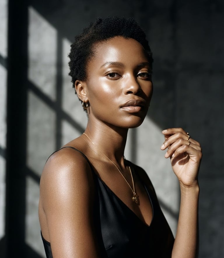 Sharp studio portrait of a model with luminous skin, high-contrast studio lighting, architectural shadow, minimalist monochrome composition, 85mm lens.