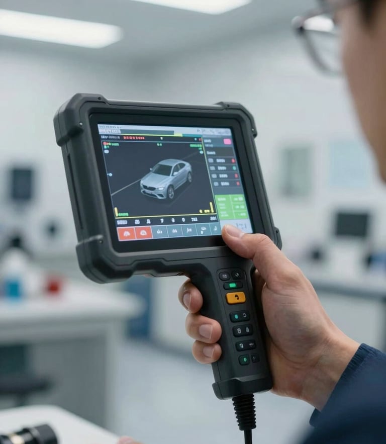 A technician holding a digital diagnostic scanner displaying live vehicle data inside a brightly lit, clean workshop bay, clinical lighting, macro framing