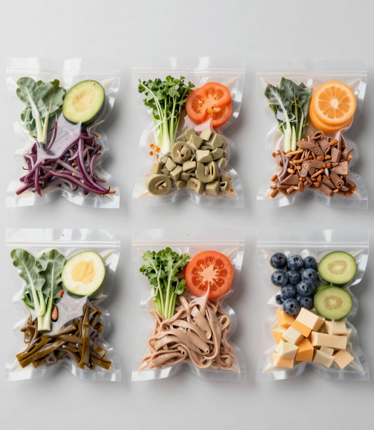 Overhead flat-lay of five neatly labeled vacuum-sealed fitness meals on a minimalist light gray background, bright studio lighting, vibrant colors