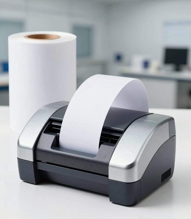 Crisp product photography of a thermal label printer next to rolls of paper, bright studio lighting, clean industrial background, sharp focus, cool metallic tones, 50mm