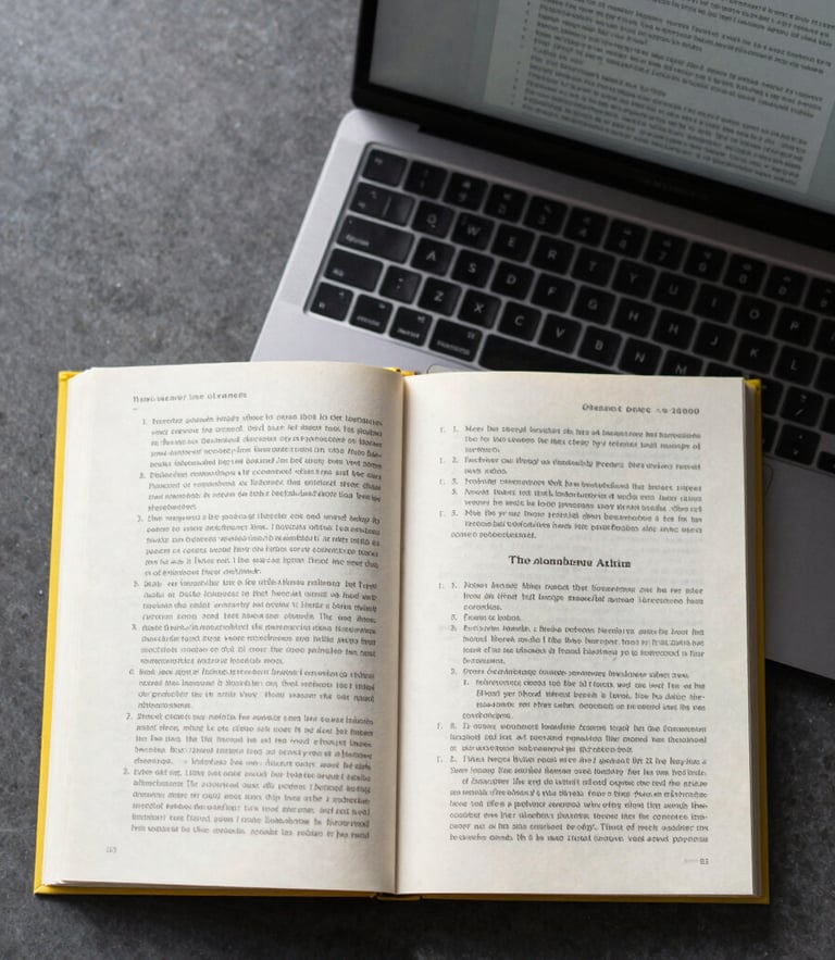 Top-down flat-lay of an open textbook with clean yellow highlighting next to a modern laptop displaying a structured document, bright morning daylight.