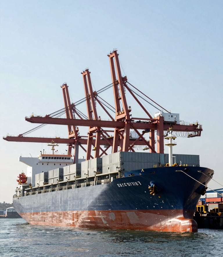 Wide-angle environmental shot of a massive cargo ship docking at a modern industrial port, towering cranes, high-contrast natural midday sun, crisp details.