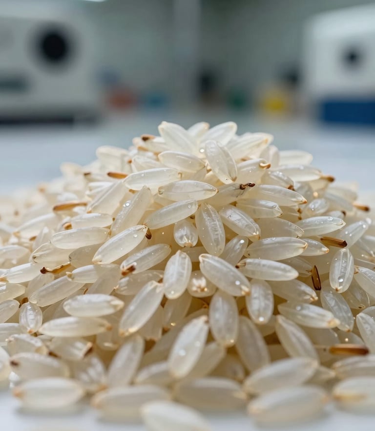 Macro high-contrast shot of raw premium basmati rice grains piled in a clean industrial testing environment, sharp focus