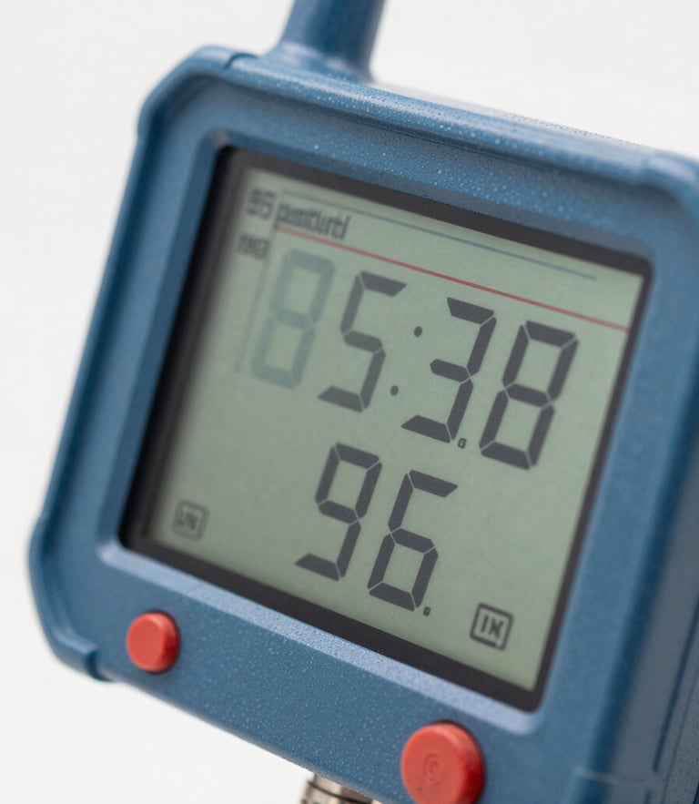 Macro close-up of a digital gas detector screen showing active readings, bright daylight, clean industrial colors, sharp focus, 35mm lens