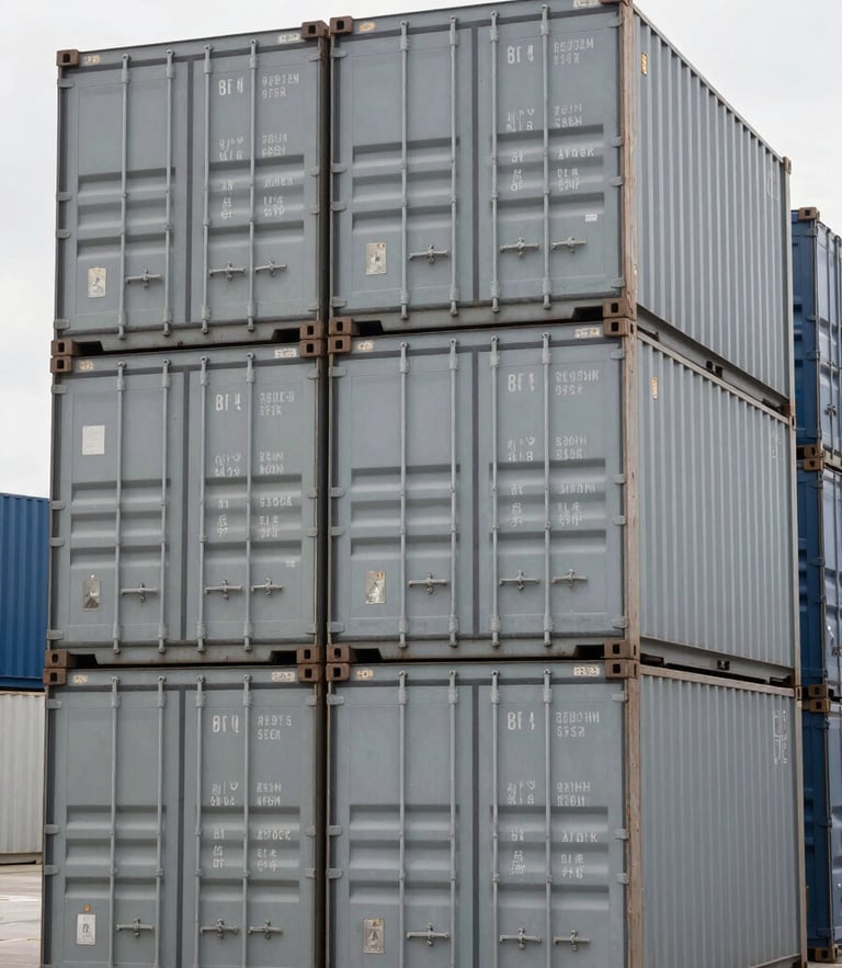 Precise, centered medium shot of stacked clean slate-gray shipping containers in a modern port under overcast daylight, sharp focus, 35mm lens
