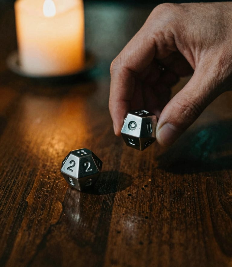 Close-up of a hand rolling a twenty-sided metal die on a dark oak table, warm candlelight casting deep shadows, 35mm photography