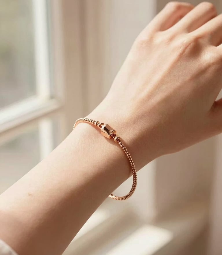 Close-up of a delicate rose gold bracelet on a woman's wrist, soft warm window light casting elegant shadows, shallow depth of field