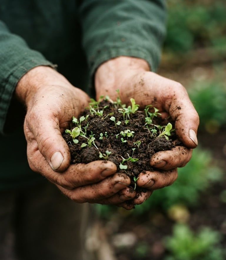 Close-up of weathered hands holding dark rich soil with tiny green sprouts, soft morning overcast daylight, shallow depth of field, 35mm