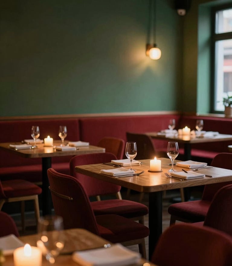 Warm, cozy Scandinavian-style restaurant interior at dusk, candlelit tables, soft shadows, inviting atmosphere, 35mm.