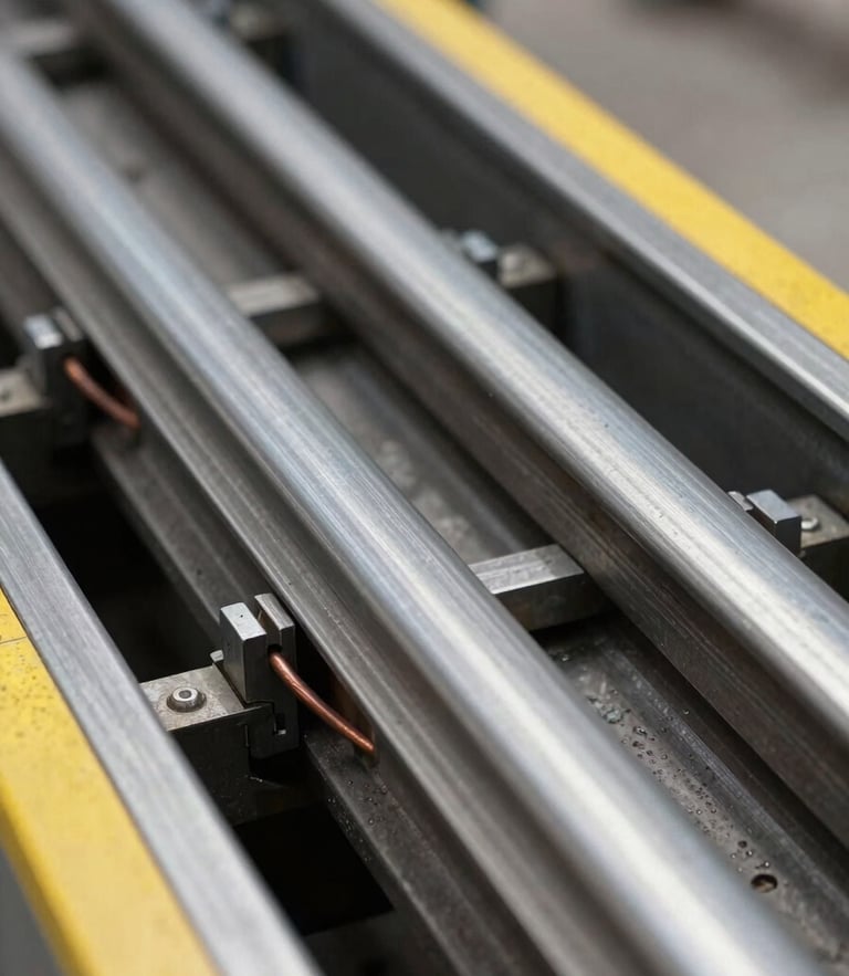 Macro close-up of heavy-duty steel elevator guide rails and copper wiring inside a clean elevator shaft, sharp focus, industrial documentary style.