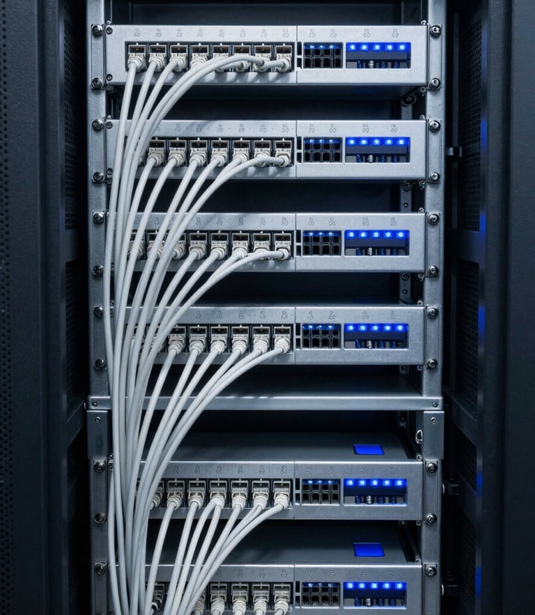 Straight-on shot of a pristine server closet after remediation, neatly combed patch cables, clear numeric labels on every termination block, dark slate background.