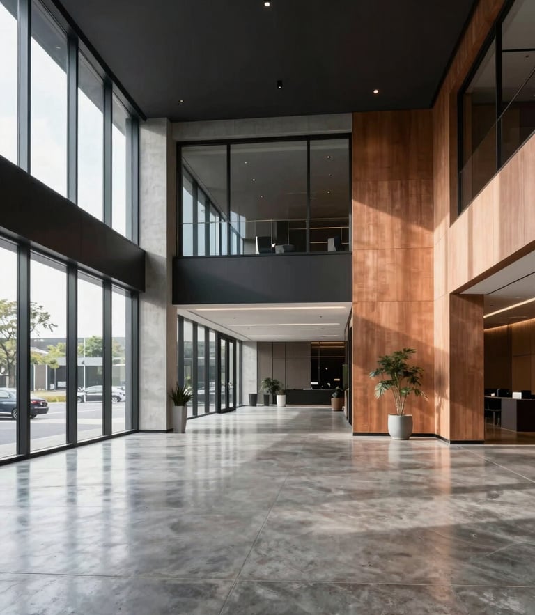 Bright architectural wide shot of a modern corporate lobby with polished concrete floors and natural window light, sharp focus, 35mm
