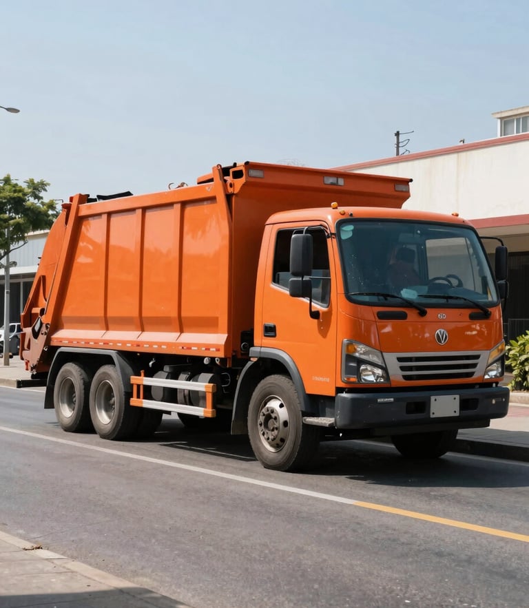 A clean orange and charcoal junk removal truck parked on a wide city street, bright natural daylight, high contrast, unpolished documentary style