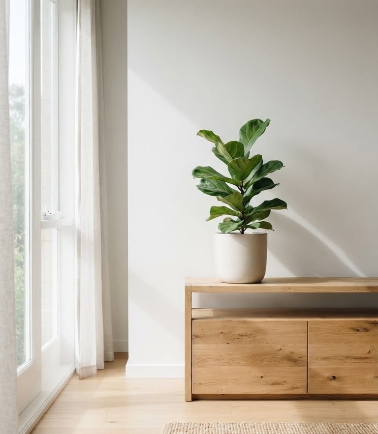 A bright, minimalist living room with natural wood furniture, a single potted plant, soft morning sunlight casting gentle shadows, 50mm lens