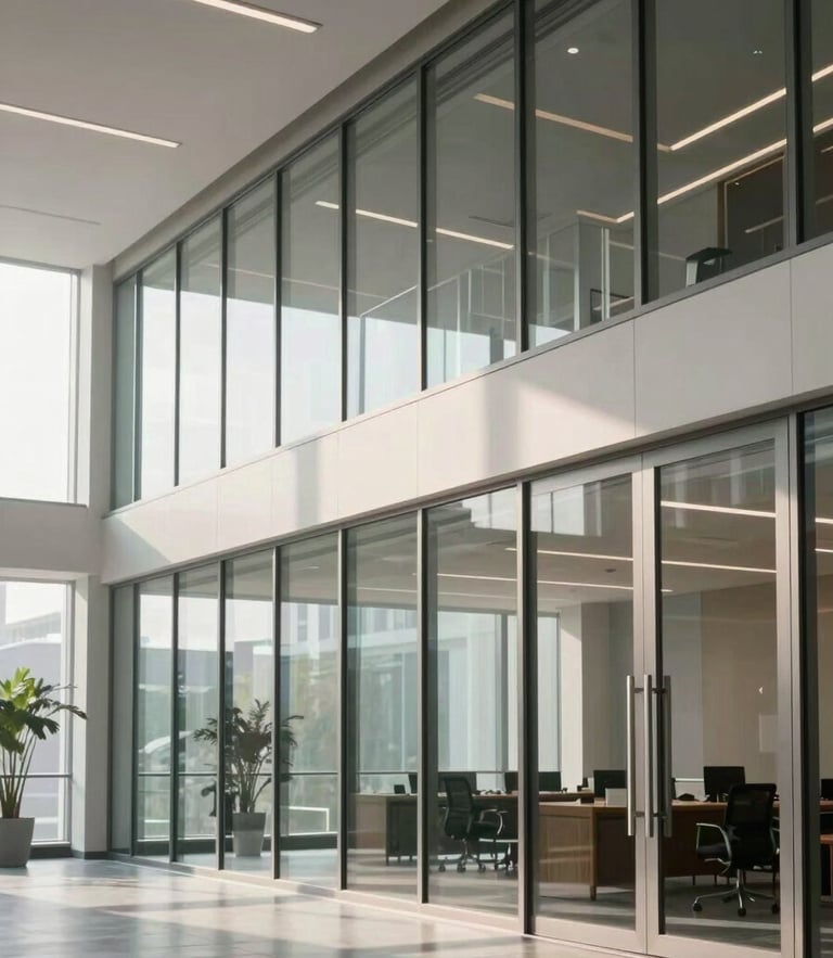Clean architectural lines of a modern corporate legal office with glass partitions, soft daylight filtering through, professional and calm environment.