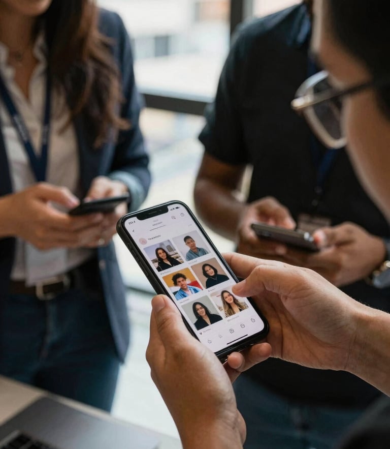 Close-up of a creative team collaborating over social media layouts on a phone screen, high-contrast natural light, urban Mexican office setting, 35mm lens