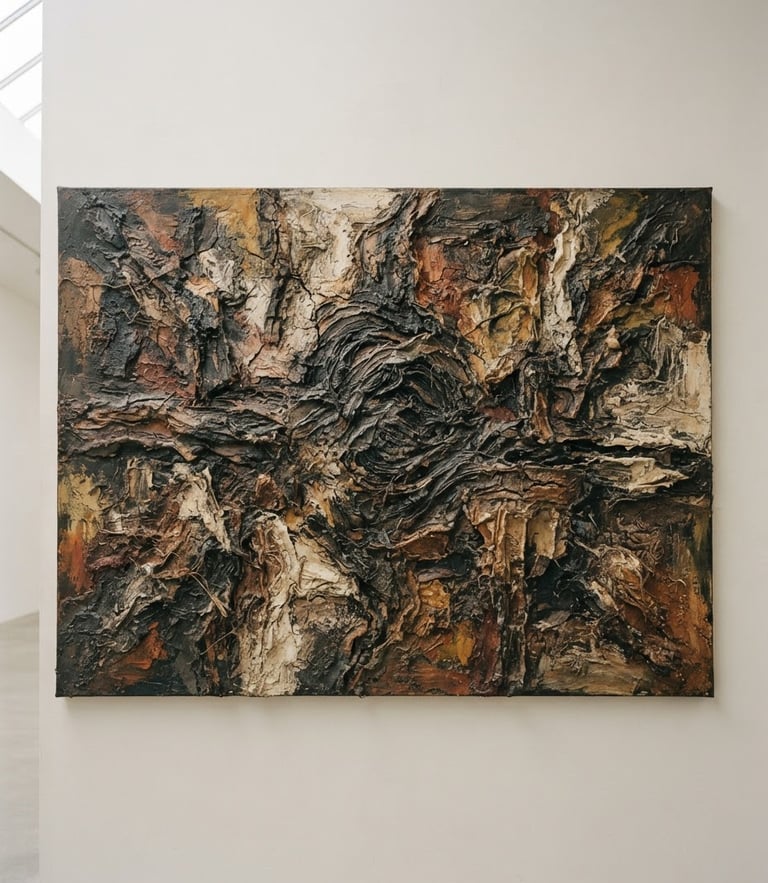 Flat frontal view of a large-scale texture-heavy structural painting on canvas, neutral gallery wall, diffused natural side-light, rich tactile textures, medium format film