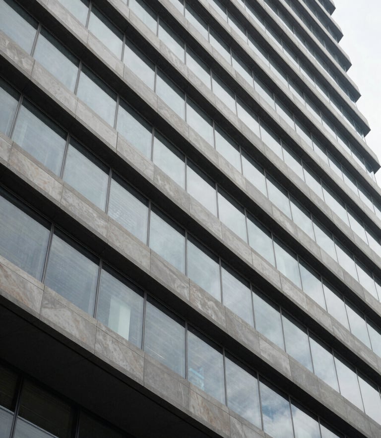 Abstract architectural lines of a modern corporate building, sharp angles, cool natural daylight, objective architectural photography.
