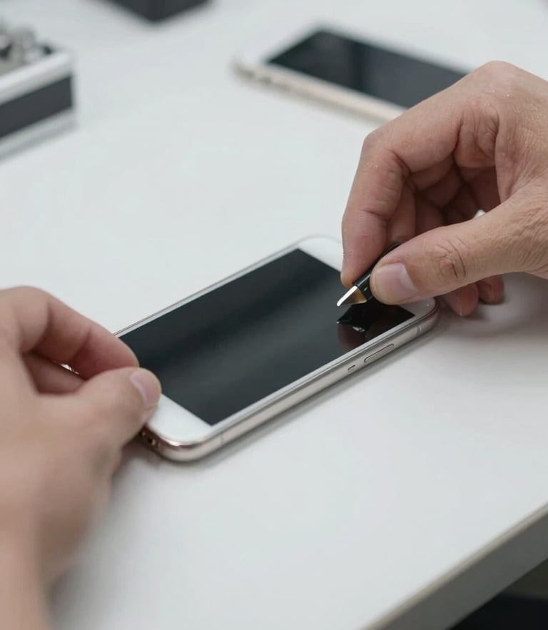 Tight macro shot of hands carefully replacing a phone screen on a clean technical workbench under crisp neutral light, shallow depth of field