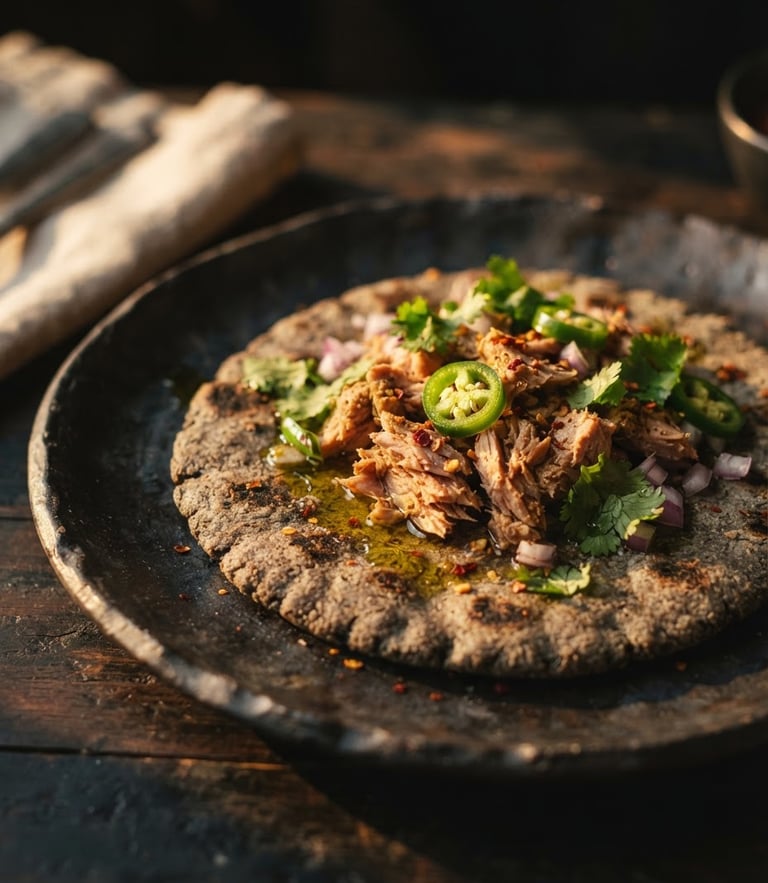 Moody close-up of a beautifully plated Garba with tuna and fresh chili on dark ceramic tableware, warm dramatic golden-hour side light, shallow depth of field, 35mm