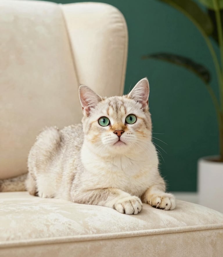 An elegant pedigree kitten with expressive green eyes lounging on a luxurious cream velvet armchair, soft natural daylight, shallow depth of field, warm editorial style.