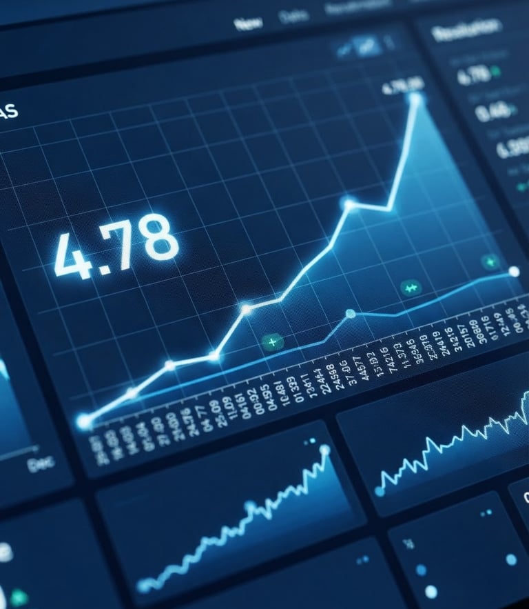 Sharp macro shot of a clean digital analytics dashboard showing rising ROAS charts, cool blue and deep navy tones, bright studio lighting