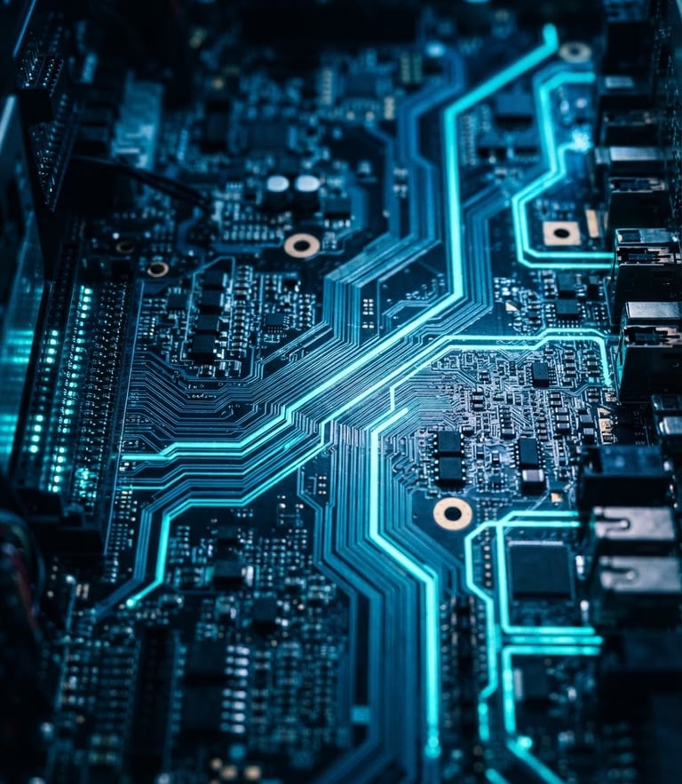 Macro close-up of high-end server circuitry, cool blue and cybernetic neon cyan lighting, sharp focus on data lanes, dark technical photography