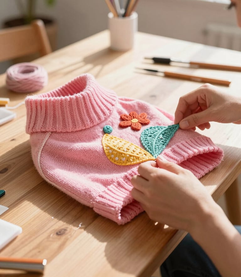 Warm sunny workshop in Celaya, a hand-stitched colorful pink pet sweater being finalized on a wooden table, soft focus, bright natural light.