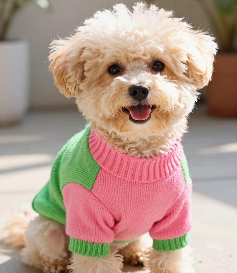 A happy small fluffy dog wearing a vibrant pink and green handcrafted sweater, sitting in a sunny patio, close-up eye-level shot, warm daylight