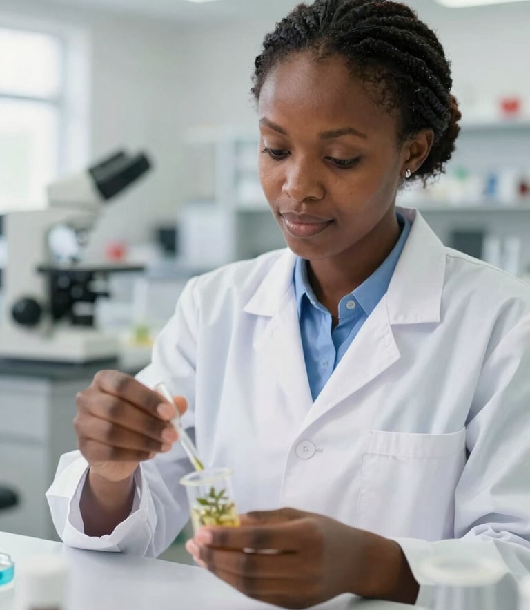 A close-up of a Guinean female scientist analyzing agricultural samples in a brightly lit modern laboratory, editorial documentary style, 35mm lens, shallow depth of field.