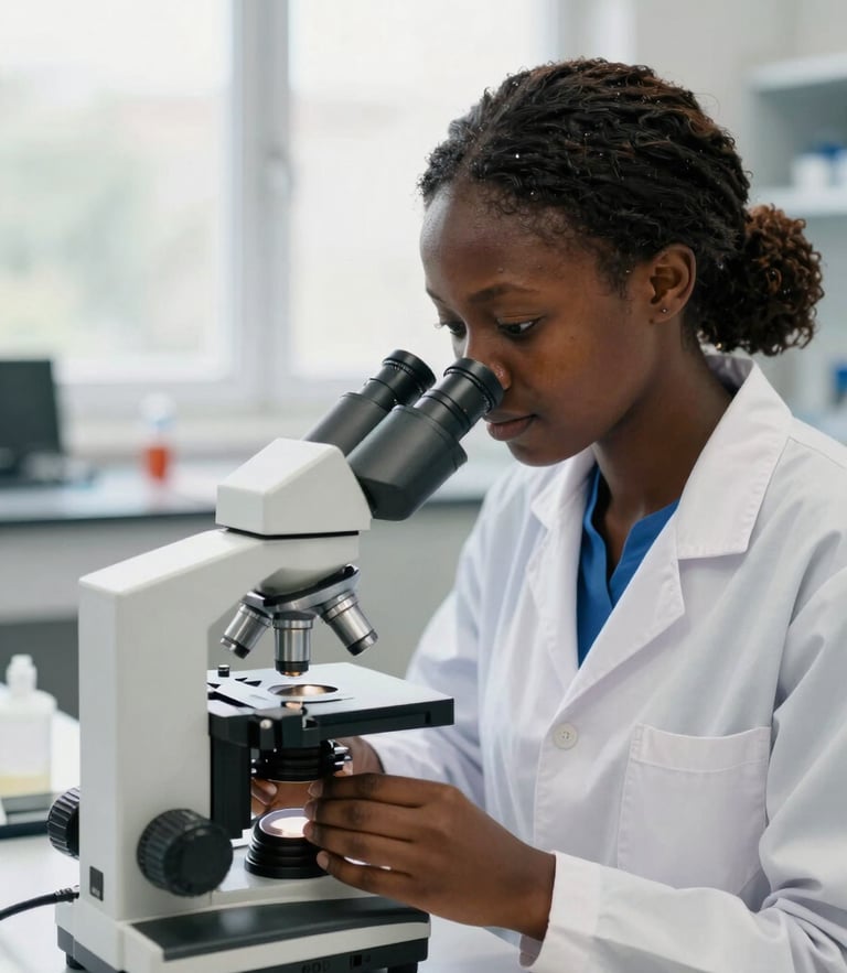 A focused Guinean female researcher in a bright modern laboratory adjusting a microscope, soft natural window light, shallow depth of field.