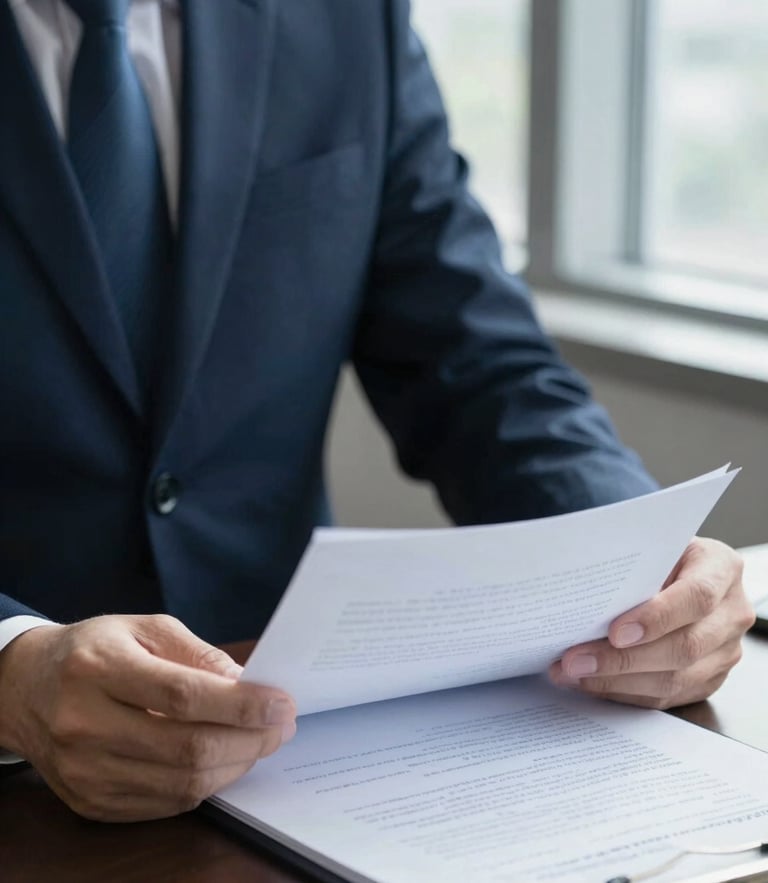 Close-up of a legal professional in a dark navy suit reviewing documents, cool diffused daylight from a tall window, sharp focus, sober editorial style
