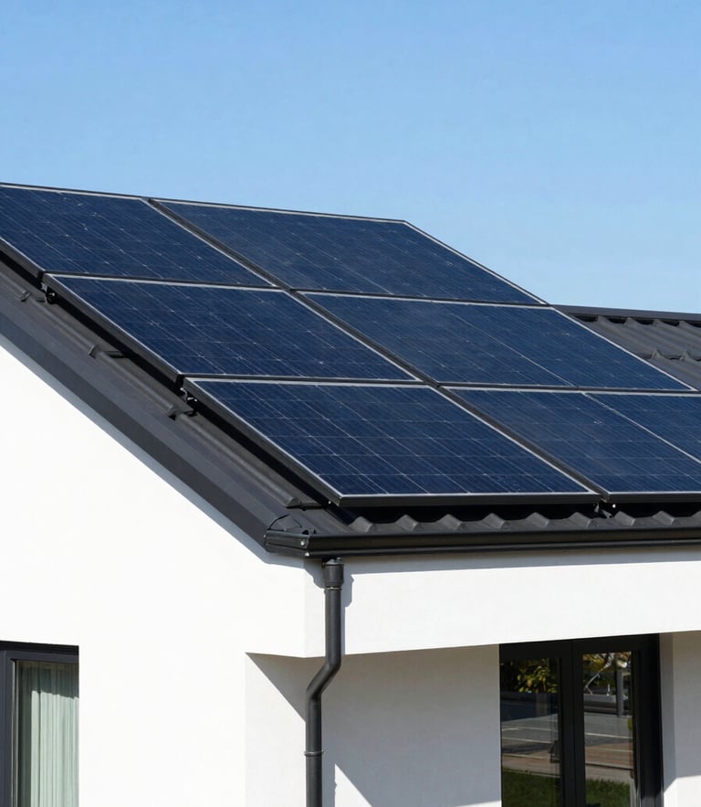 Bright modern residential house with sleek black solar panels integrated into the roof, clean architectural lines, sunny blue sky, crisp daylight