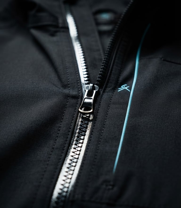 Sleek editorial product photography of a technical fabric jacket with reflective zippers, high-contrast studio lighting, vibrant cyan and deep black tones, macro detail, 50mm lens