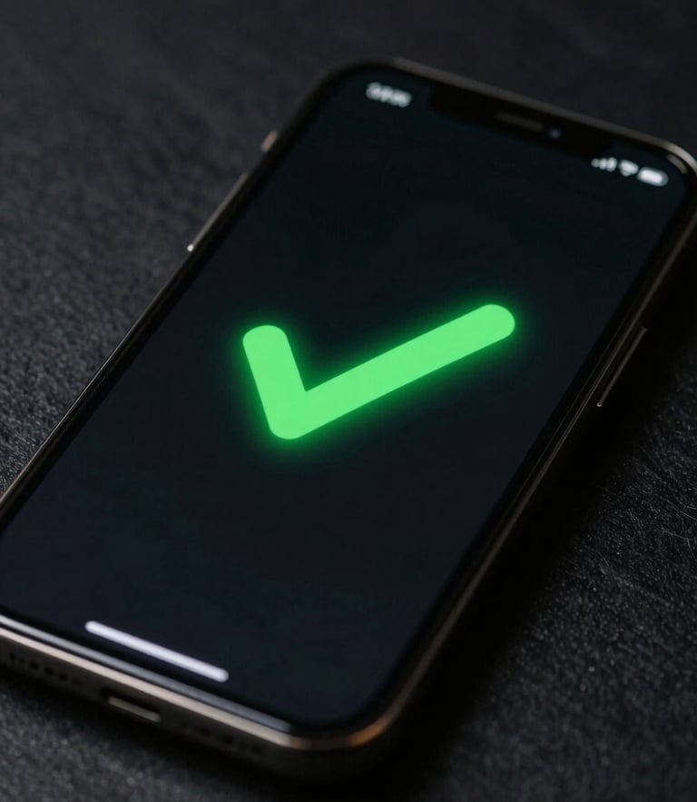 A close-up of a modern smartphone screen displaying a secure digital wallet transaction success message with electric neon green checkmark, dark high-contrast background