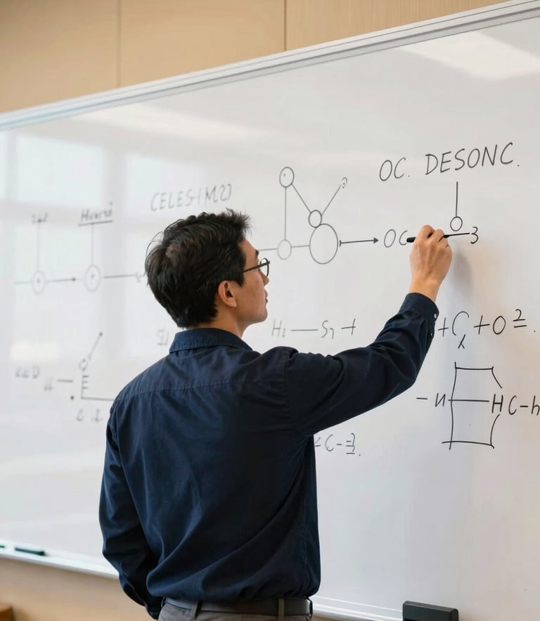 A medium-close shot of a physics professor drawing a complex mechanics diagram on a clean whiteboard, soft natural daylight, academic luxury feel.