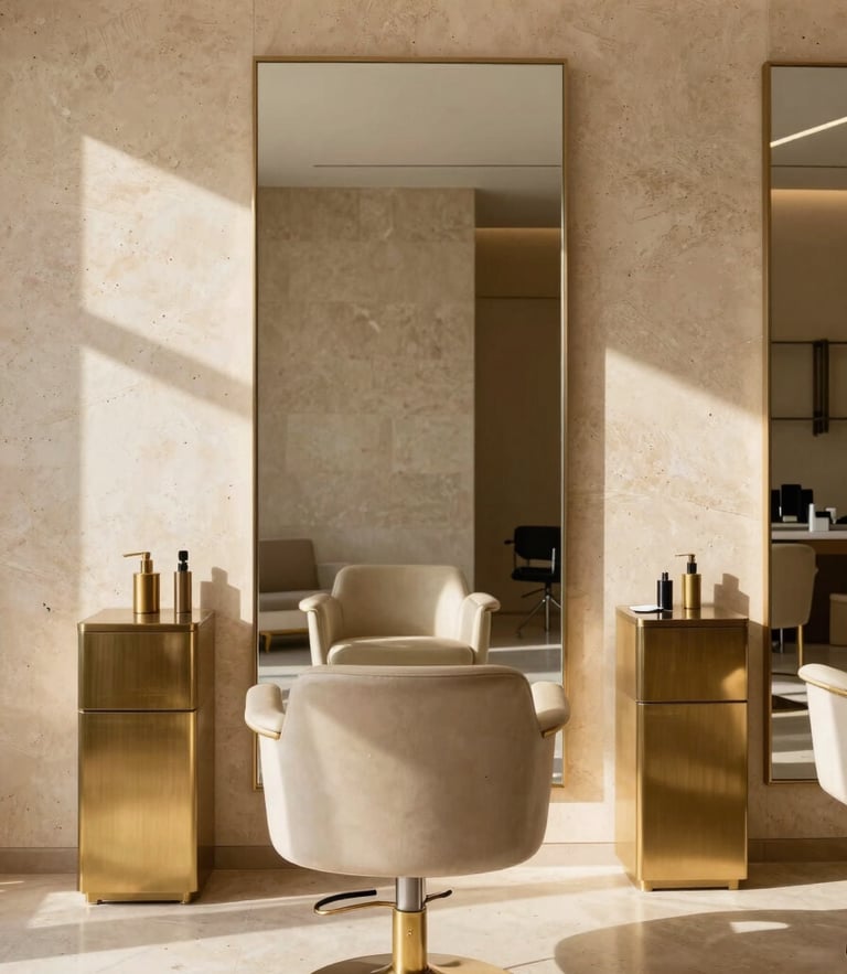 Straight-on architectural photography of an empty luxury salon suite, warm travertine stone walls, brushed brass fixtures, soft afternoon sunlight with organic shadows, 35mm lens