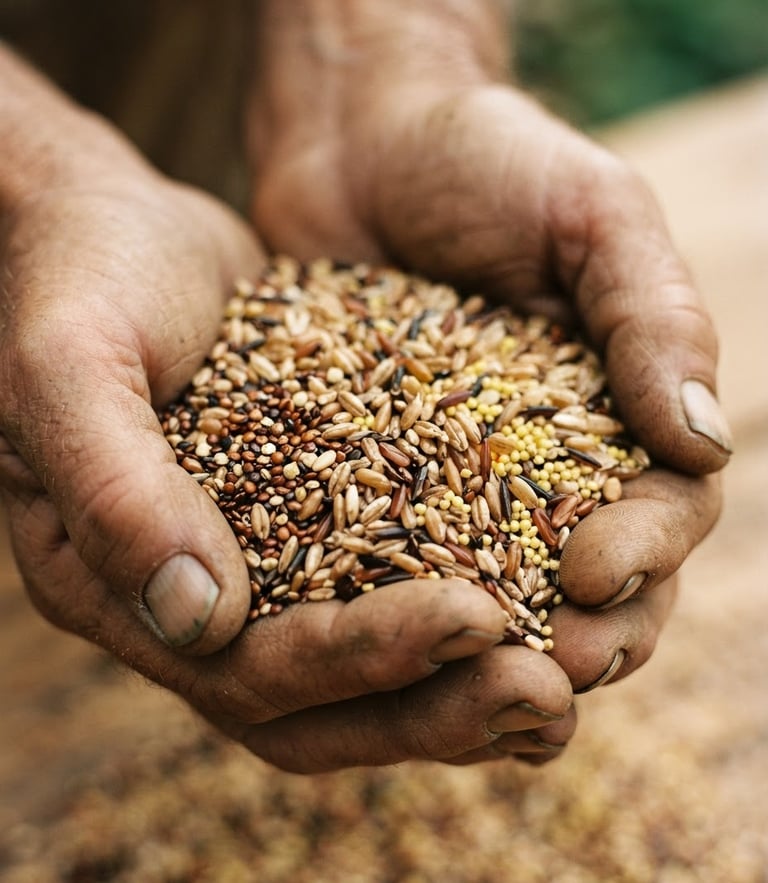 Macro close-up of raw heirloom grains held in weathered hands, soft directional overcast daylight, warm earthy tones, 35mm film