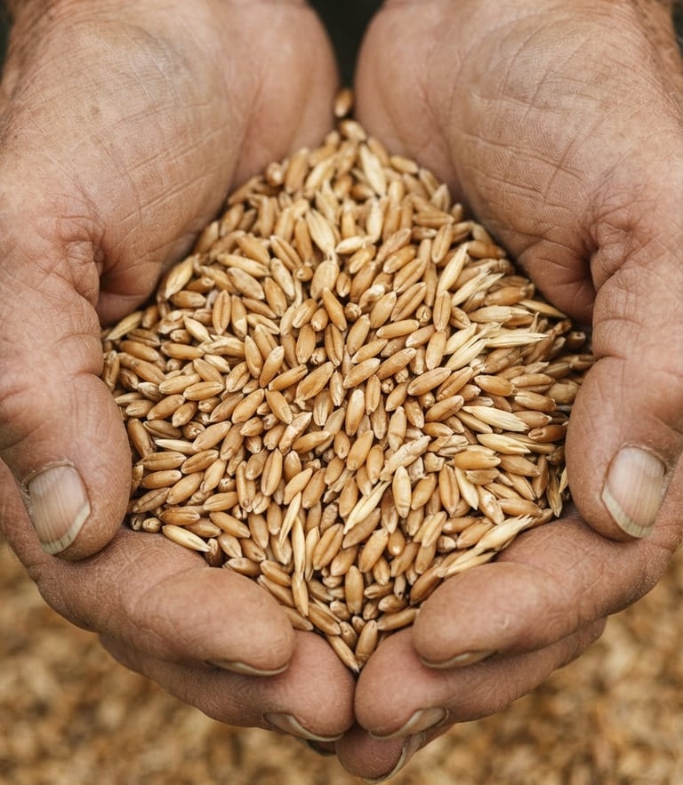 Macro overhead shot of raw golden heirloom grains held in weathered hands, soft overcast daylight, rich earthy tones, 35mm film texture