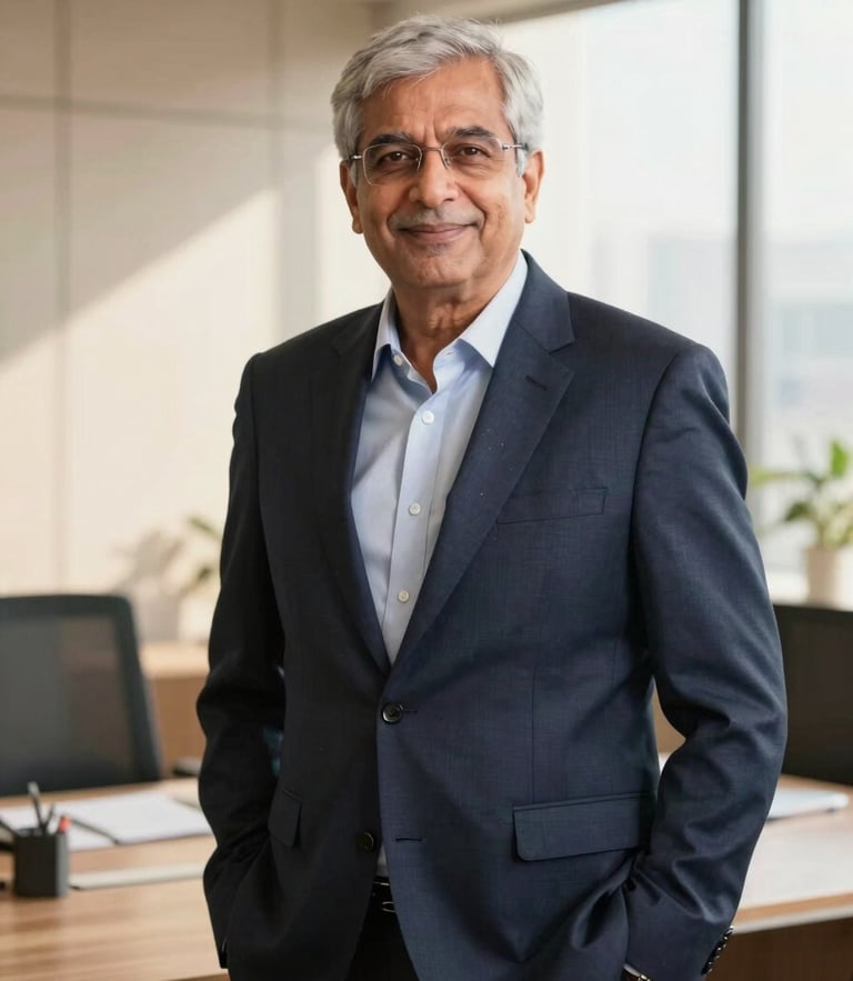 Authentic portrait of a senior financial advisor in a sunlit Gurugram office, professional attire, warm lighting, 35mm lens