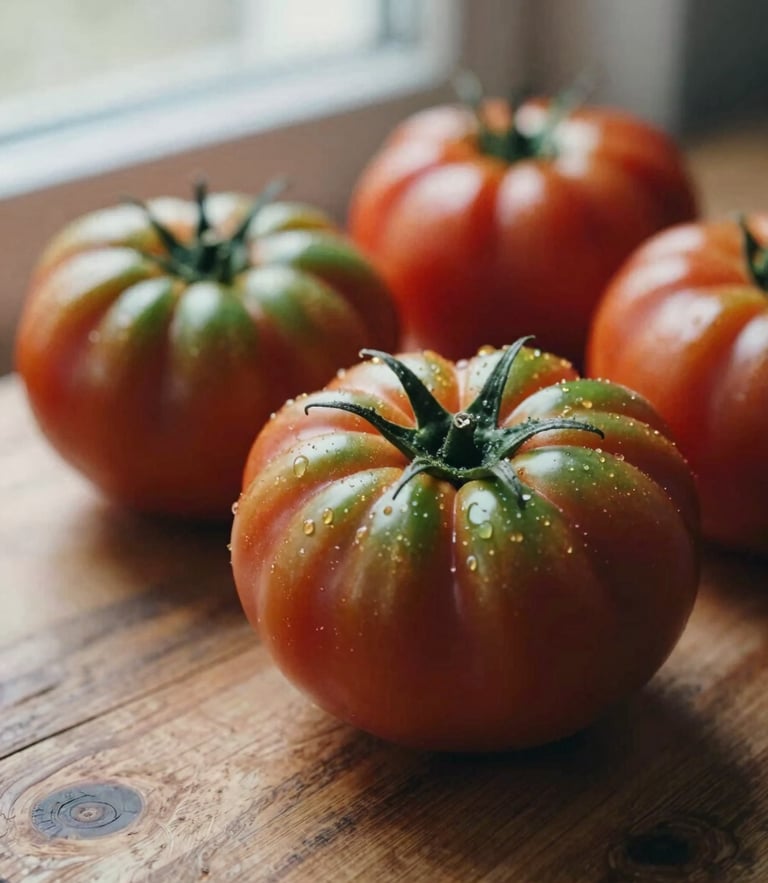 Close-up macro shot of fresh heirloom tomatoes on a rustic wooden prep table, soft Scandinavian window light, shallow depth of field, 35mm film