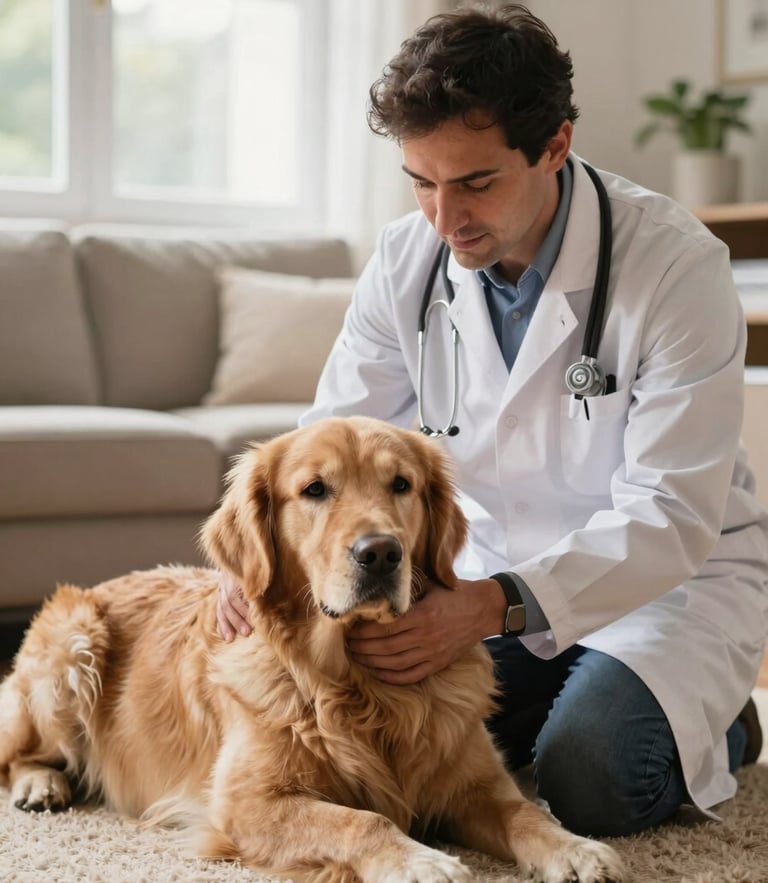 Dr. Marcelo, a male veterinarian in a neat clinical coat, gently examining a calm golden retriever resting on a warm living room rug, soft natural window light, shallow depth of field.