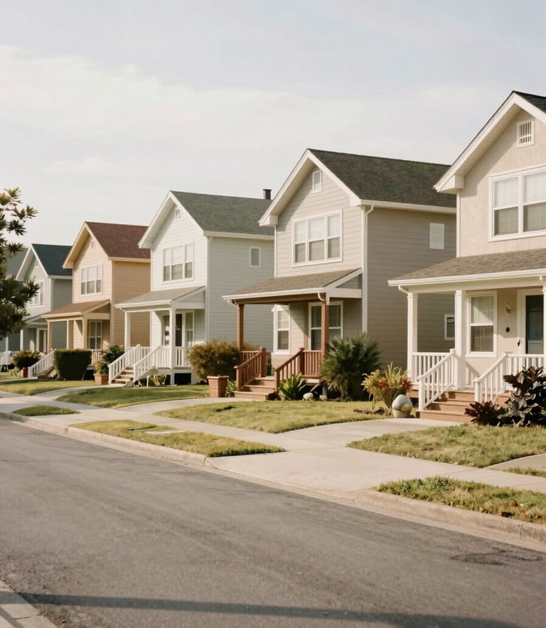 A warm, sunlit neighborhood street with modest, well-kept family homes under soft overcast daylight, 35mm lens
