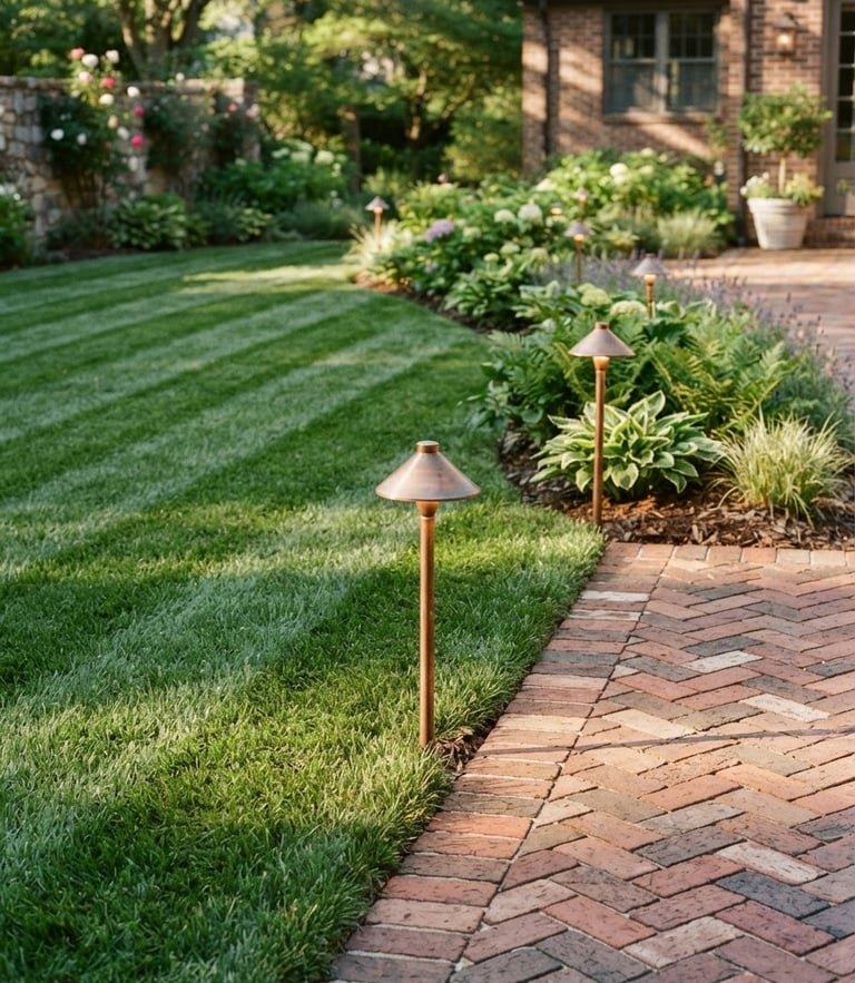 Crisp outdoor photography of a perfectly striped green lawn meeting a brick patio, with neat copper-accented landscape lighting fixtures casting warm morning light along the edge, 35mm.