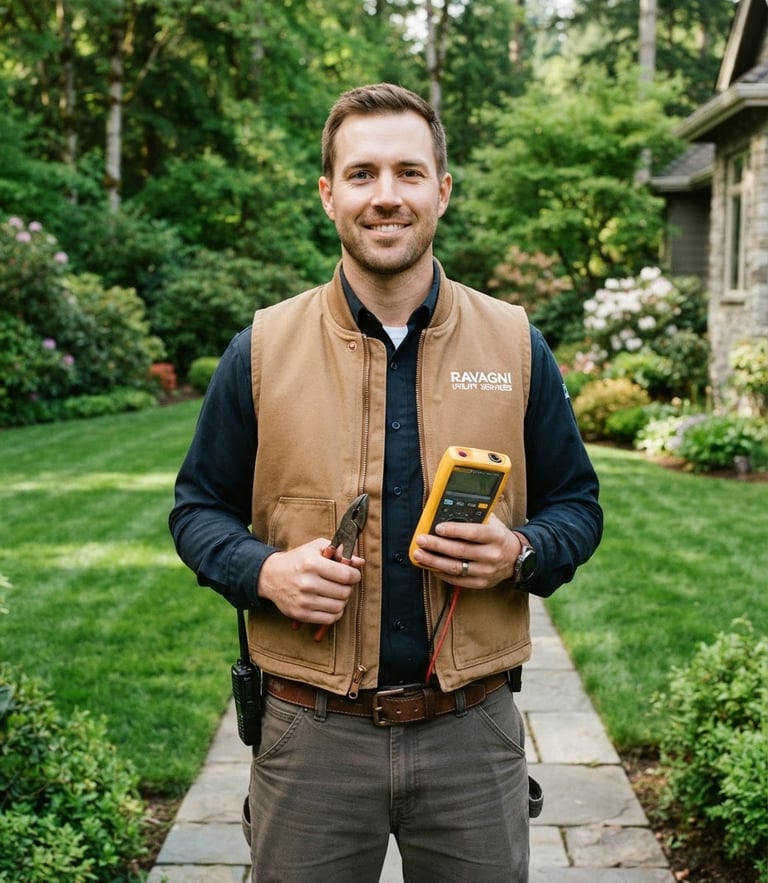 A medium portrait of Jared Ravagni, a professional in clean utility work gear, standing in a manicured yard in bright morning daylight, holding professional tools, crisp outdoor photography, rich forest greens, 35mm.