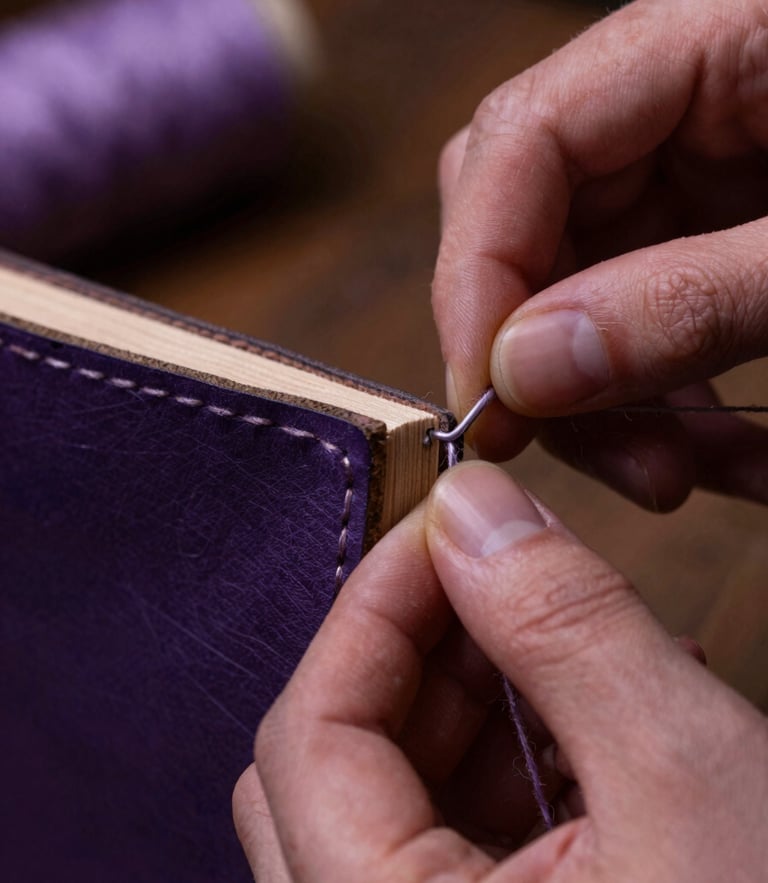 Macro shot of hands sewing a leather book spine with thick linen thread, warm low-key workshop lighting, deep amethyst and lavender tones, tactile textures, 35mm macro lens