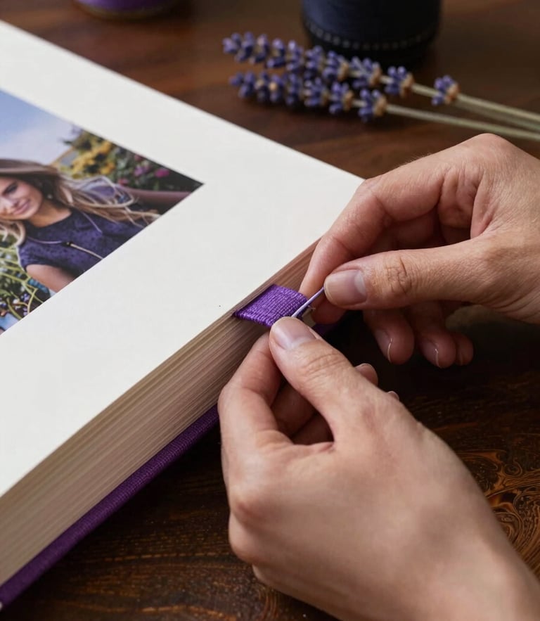 Macro shot of hands carefully sewing the spine of a custom photo album with thick linen thread, textured amethyst paper edges visible, dried lavender stems resting on a dark wooden table, warm low-key workshop lighting with soft shadows, 35mm lens